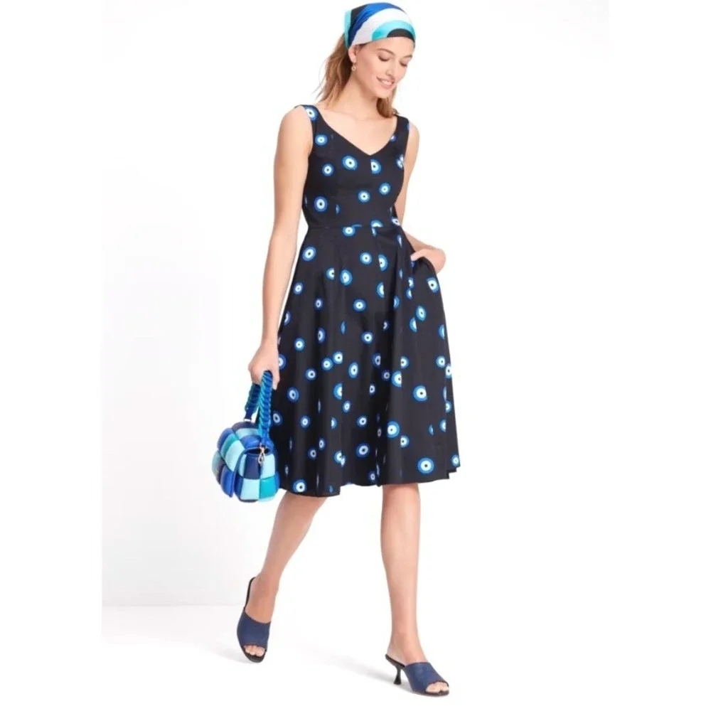 Kate Spade Evil Eye Poplin Grace Dress Black Blue Size 6 NWT $368